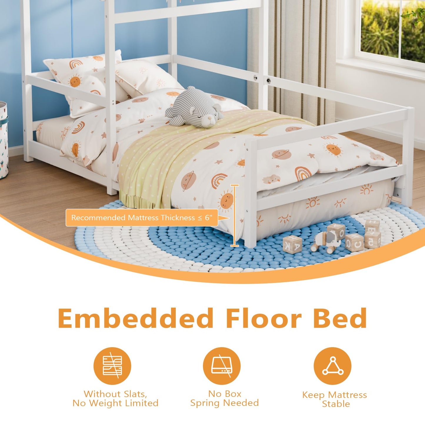 VALUE BOX Twin House Floor Bed Frame with Roof, Wooden Montessori Bed with Safety Fence, Kids Bedroom (White)