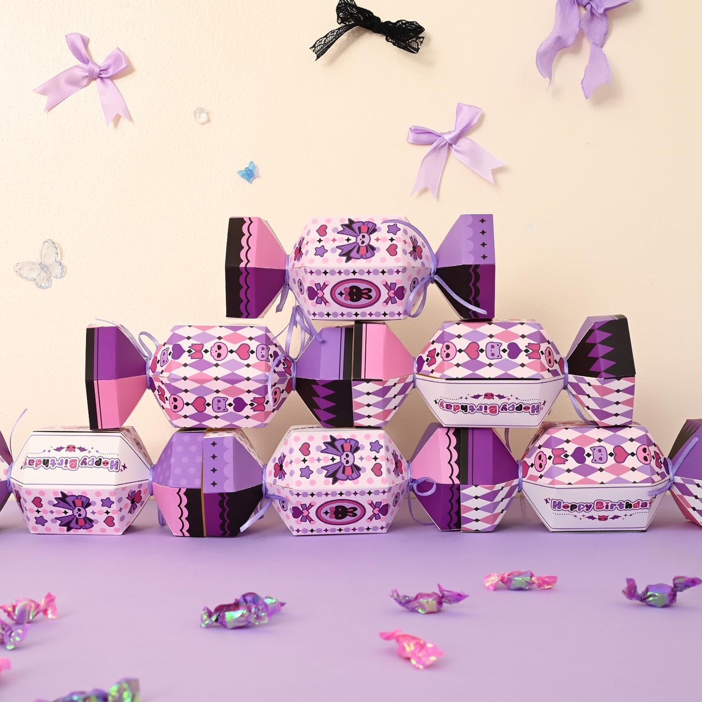 Bupelo Gothic Kawaii Birthday Decorations, 12Pcs Cartoon Party Candy Bags Treat Bags - Cute Skull & Bow Design, Light Purple Paper Party Favor Gift Decors for Girls Kids Birthday, Halloween (8.1x2.7 Inch)