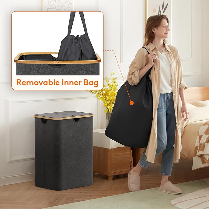 Lifewit 150L Laundry Basket with Lid, Clothes Hampers with Bamboo Handles and A Removable Laundry Bag, Large Foldable Hamper for Bedroom, Bathroom, Dorm, LaundryRoom, Dark Gray