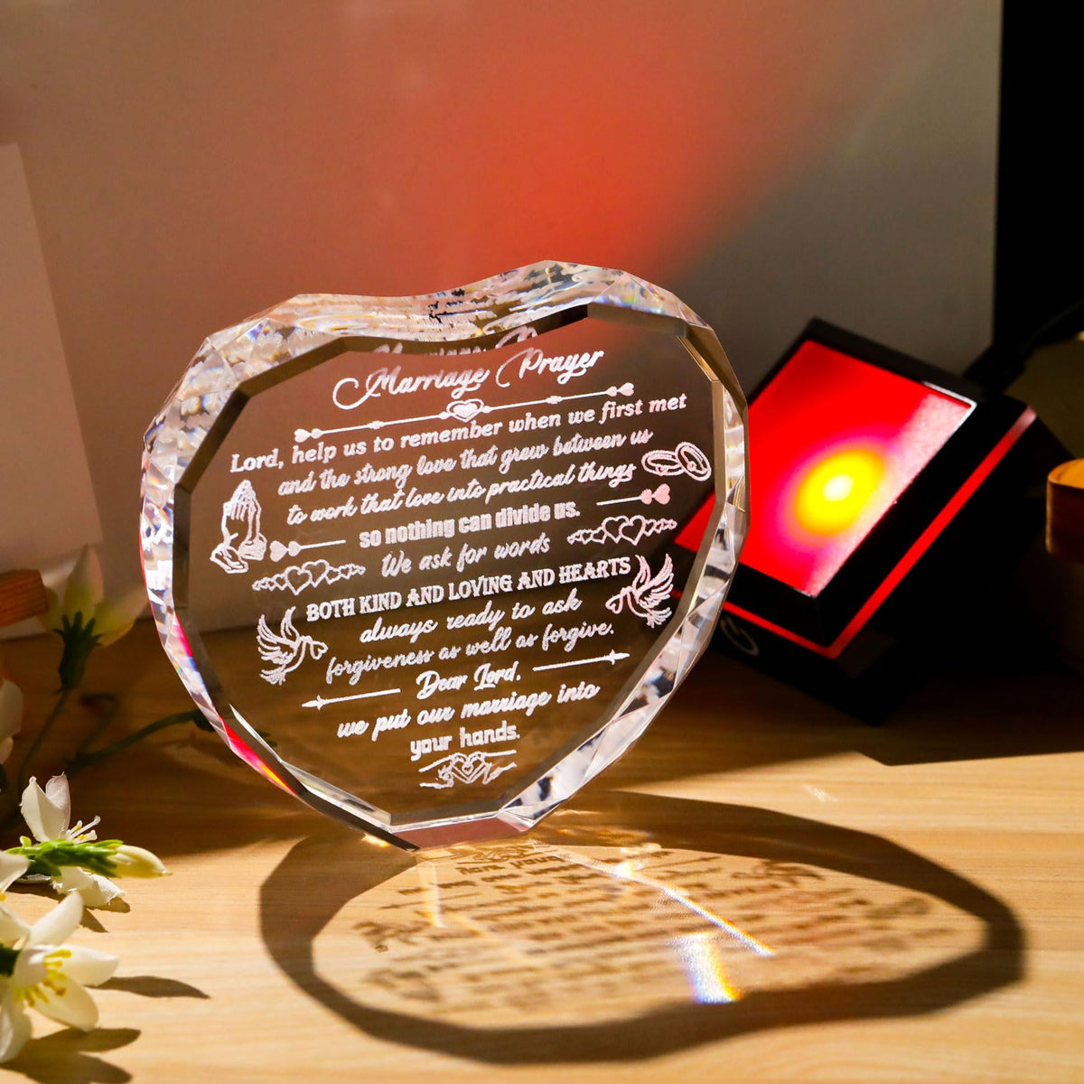 Crystal Marriage Prayer Gifts for Couple Heart-shaped Wedding Keepsake with LED Base for Her Him Romantic Anniversary Plaque for Wife Husband on Valentine's Day Birthday Wedding Engagement