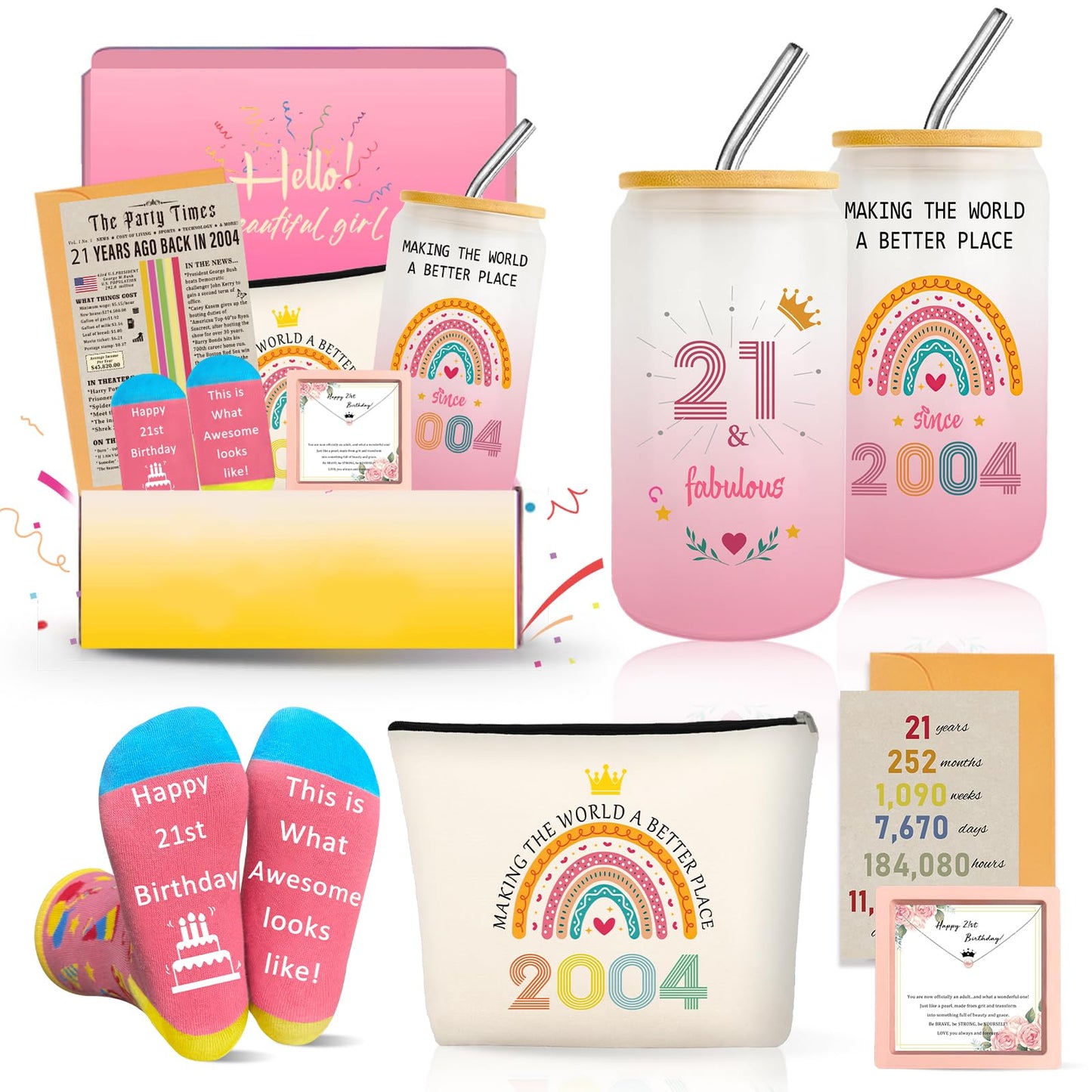 Unipinkart 21st Birthday Gifts for Her, Unique 21 Year Old Birthdays Gift for Women Bestie Sister Niece, Cool Happy 2004 Female Daughter Decorations Presents Basket Idea Glass Cup Sock