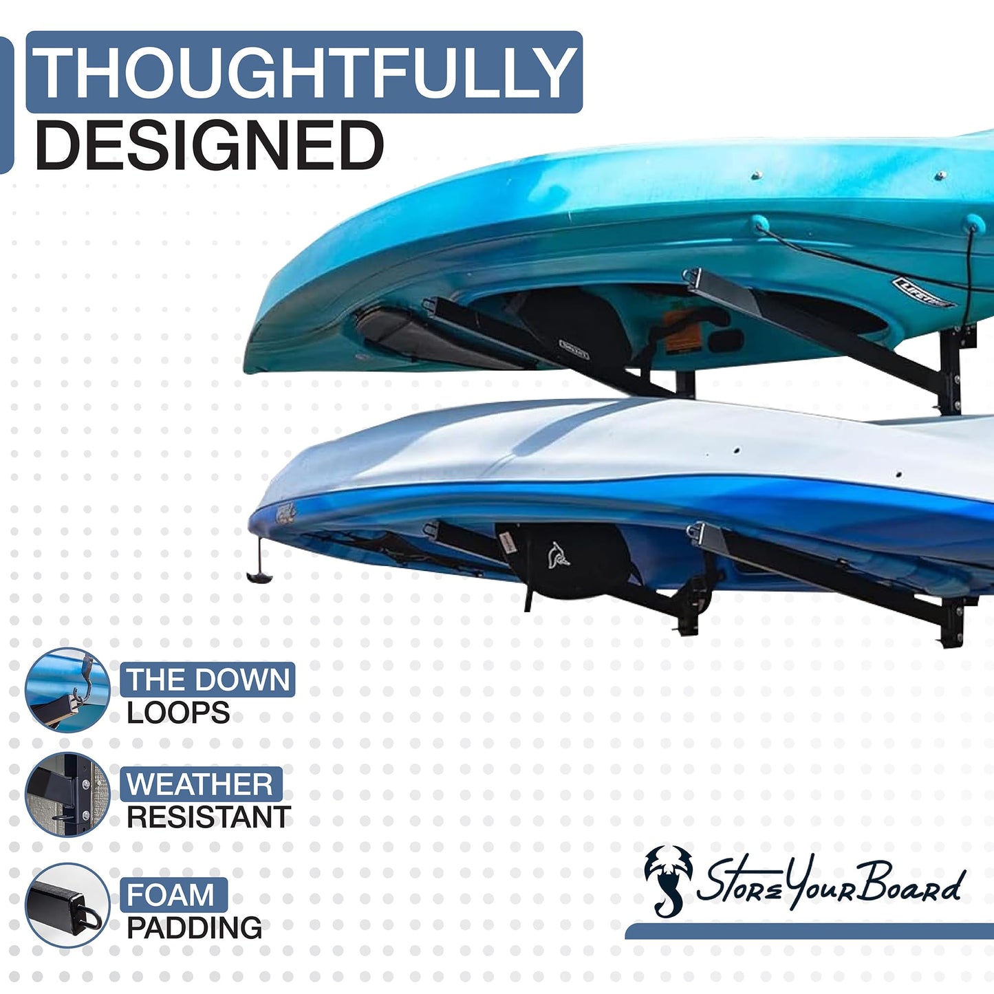 StoreYourBoard G-Kayak Wall Storage Rack – Heavy-Duty Outdoor Kayak Rack for 2 Boats, Adjustable Wall Mount Hanger, Holds 200 lbs, Silver, 26.5” L x 4” W x 30” H