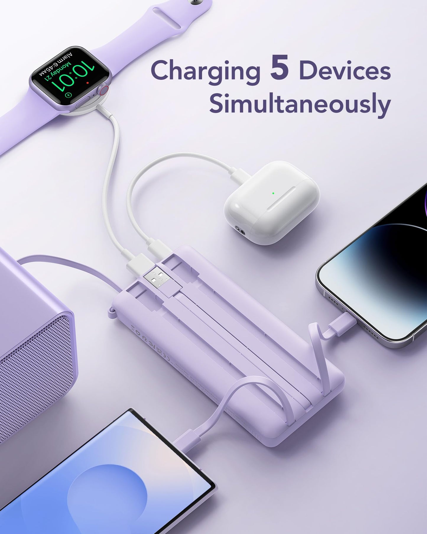 Vrurc Portable Charger Power Bank, 10000Mah Travel Essentials Battery Pack, 5 Outputs 2 Inputs Slim Charging Bank Built-In Cable