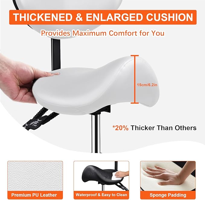 Saddle Stool with Back Support, 400lbs Adjustable Salon with Wheels, Heavy Duty Rolling Ergonomic Rolling Esthetician Seat for Home Office Salon Shop Dentist Clinic, for People 5 ft to5.8 ft Tall