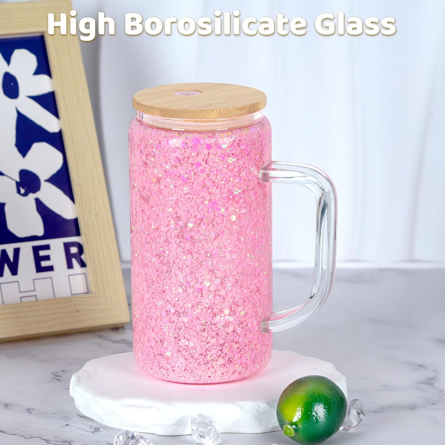 Maucircol 16 Oz Snow Globe Tumbler With Handle, Pre-Drilled Double Wall Snow Globe Glass Cup For Glitter, 4 Pack