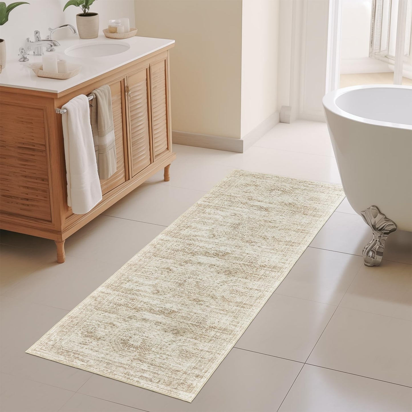 Restydon Long Hallway Runner Rug - Runners for Hallway 12ft, Anti Slip Backing Washable Rug for Bathroom, Entrance, Living Room, Soft Low Pile Mordern Runner(2'x12', Beige/Ivory)