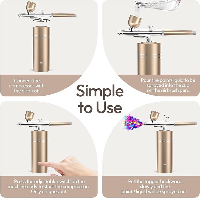 Airbrush Kit with Compressor 30PSI Portable Airbrush Gun Rechargeable Handheld Cordless Air Brush for Nails Art, Painting, Cake Decor, Cookie, Mode, Makeup, Barber (Gold)