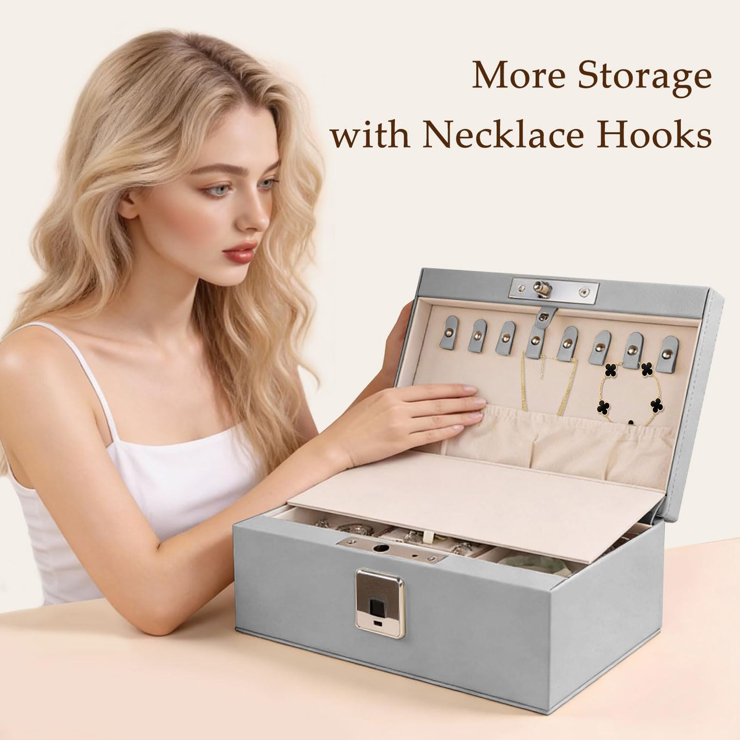 VALINIRT Jewelry Safe, Biometric Fingerprint Safe, Leather Wrapped Jewelry Box with Lock & Mirror, Ultra-Lightweight Jewelry Box Suitable for Home Use & On-the-Go(Three-Tier Gray)