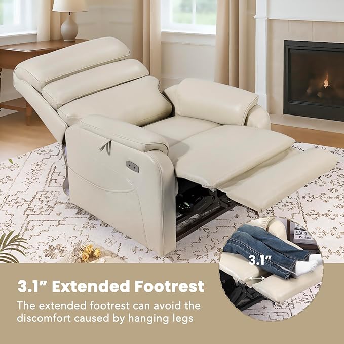 EONIX Wide Lay Flat Power Lift Recliner Chair for Elderly, 400lbs Heavy Duty Lift Chairs with Heat and Massage Charging Ports, Oversized Dual Motor Power Recliner for Adults, LRY004063, Cream White