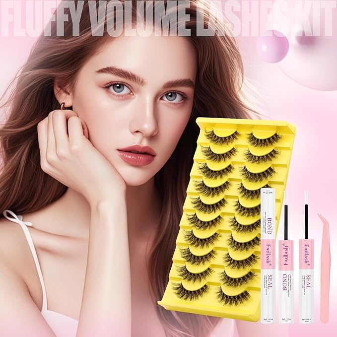 FADLASH False Eyelashes Kit 10 Pairs Cat Eye Lashes Mink Lashes Wispy with Lash Bond and Seal and Tweezer Fake Eyelashes Natural Look Handmade Eyelashes Fake Lashes Strips (LZ-201 Kit)