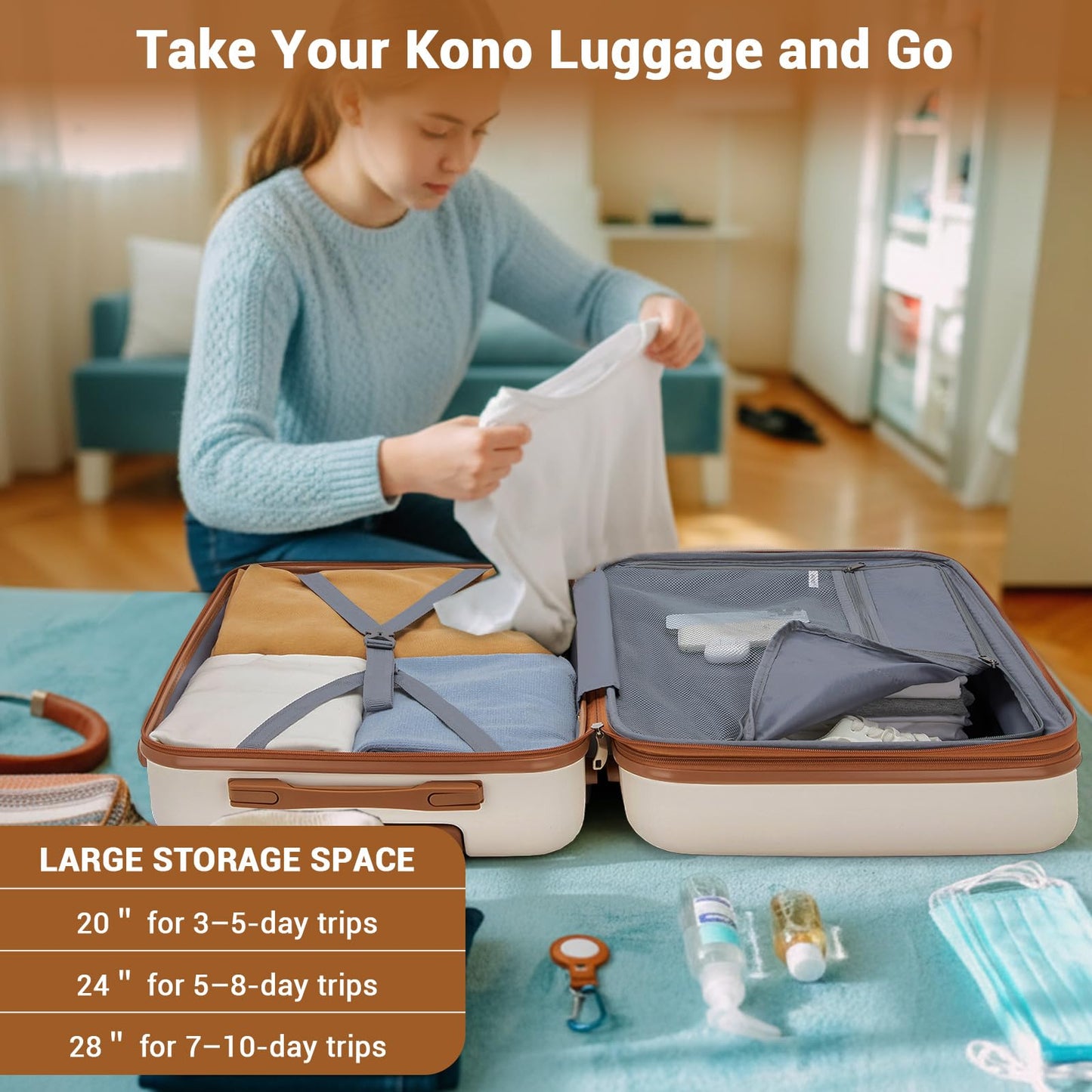 Kono Expandable 28 Inch Luggage with Spinner Wheels, Large Checked Luggage with Lock, Lightweight & Anti-Scratch PC+ABS Hardshell Travel Suitcase, White/Brown