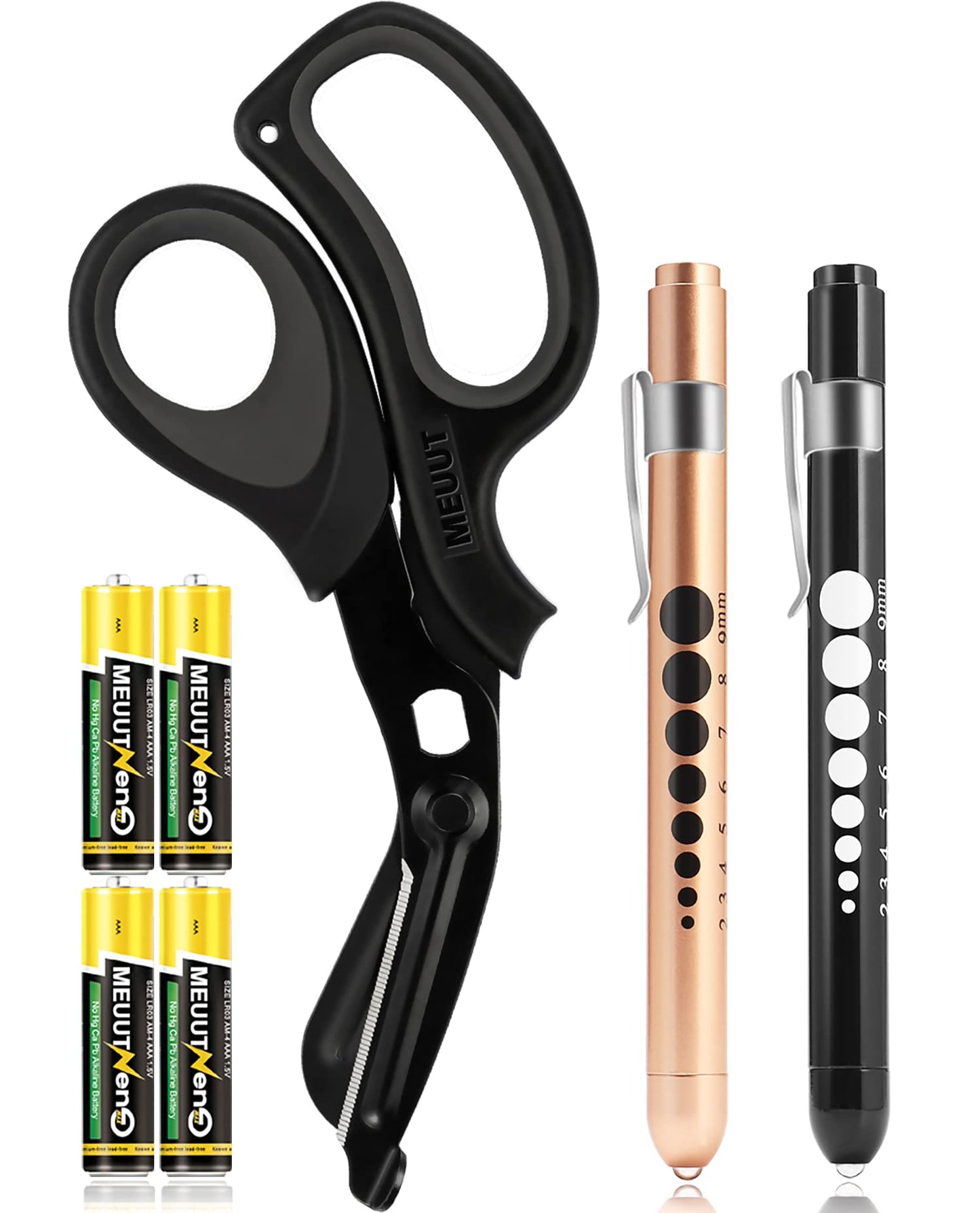 MEUUT 3 Pack Medical Scissors and penlights for Nurses with Four Batteries-One 8" Patented Trauma Scissor Bandage Scissor Two LED Pen lights for Nurse Doctor EMT First Aid