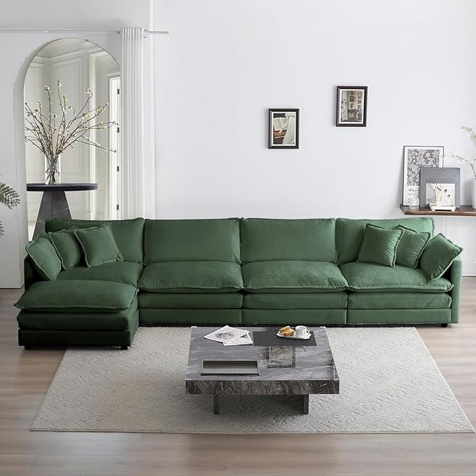 KIVENJAJA Oversized L-Shaped Modular Sectional Sofa, Modern Comfy Chenille 4-Seater Deep Seat Cloud Couch with Ottoman/Chaise & 6 Pillows for Living Room Office, 146.5”W, Green