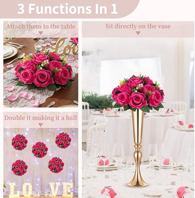 NUPTIO Flower Ball for Table Centerpieces: 6 Pcs Hot Pink Artificial Rose Kissing Balls for Wedding Party Valentine Tables - Faux Silk Floral Arrangements for Home Dining Event Decorations
