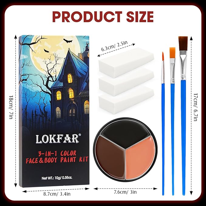 Black Brown Terracotta Face & Body Paint - Blendable Facepaint Foundation with Sponge & Brush for Skin, Professional Halloween Face Make-up Kit for Wolf Werewolf Tiger Deer Lion Beard Cosplay Costume