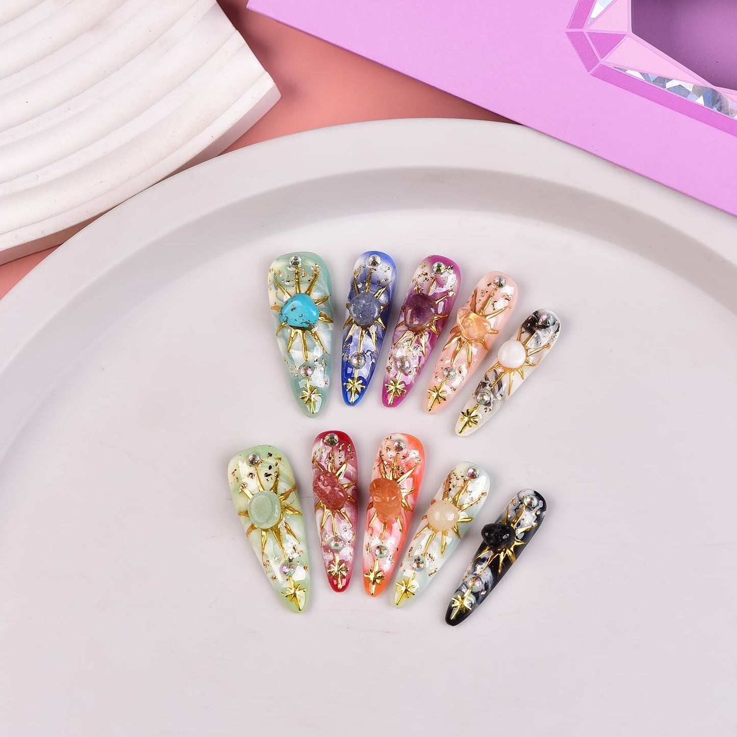 Tmani 10pc/set Long Handmade Press On Nail Hot Girl's Long Nails Ten Kinds of Natural Crystal Stone Decoration Fake Nails Suitable For Girls Festival Parties and Birthday Gift(442,M)