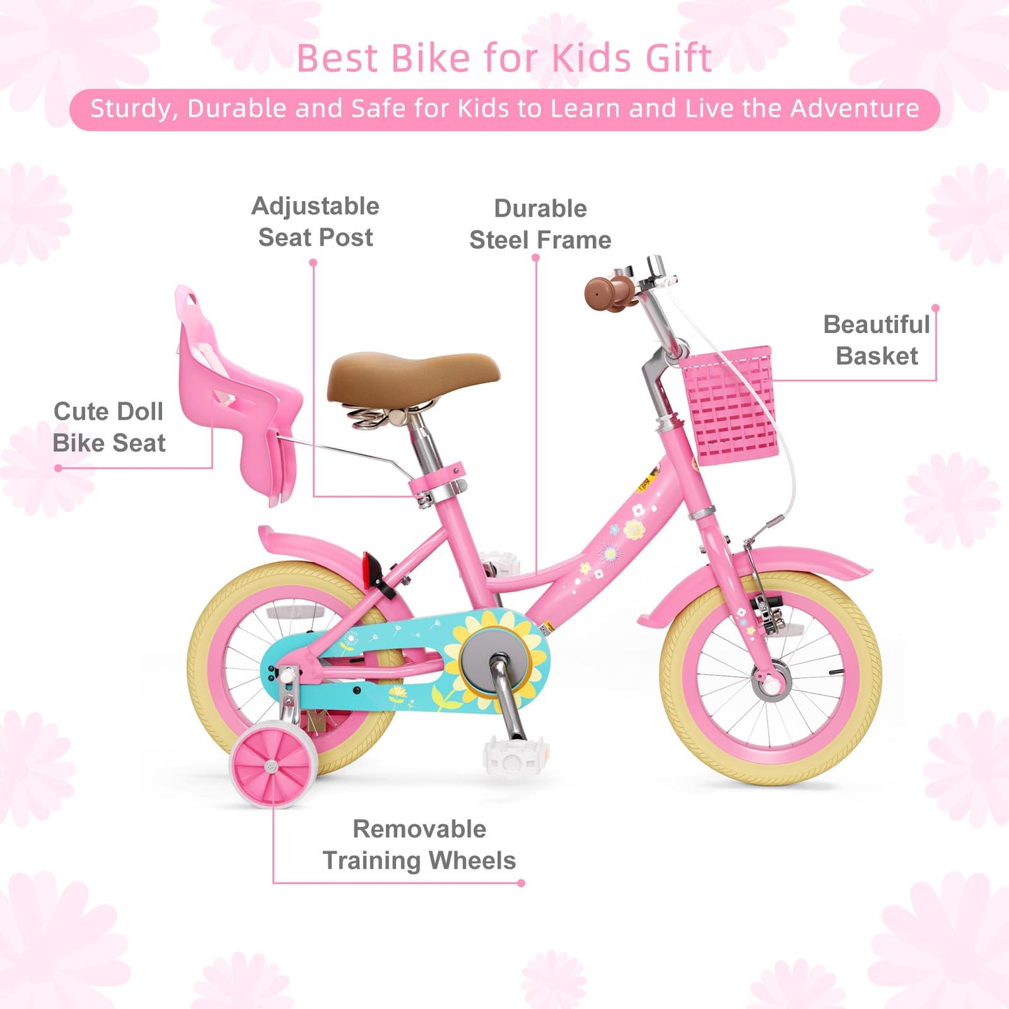 Glaf Toddler Girls Bike for Kids Age 2-12 Years Old 12 14 16 20 Inch Girls Bike with Training Wheels and Doll Seat Kids Bicycle with Basket Adjustable Seat (12 Inch with Training Wheels,Flower Pink)