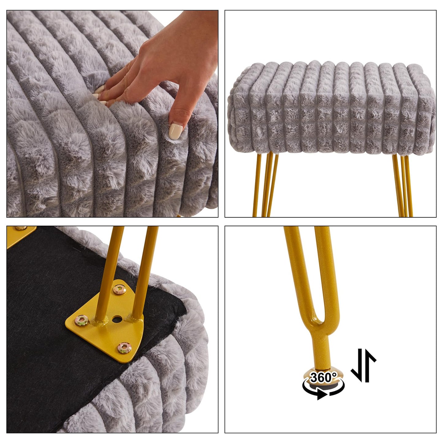 IBUYKE Rectangular Footrest Stool Ottoman, Makeup Vanity Stool Side Table, Velvet Dressing Table Seat, Footstool Chair, Golden Steel Legs, for Makeup Room, Bedroom, Square Grid Pattern, Grey WBD003G