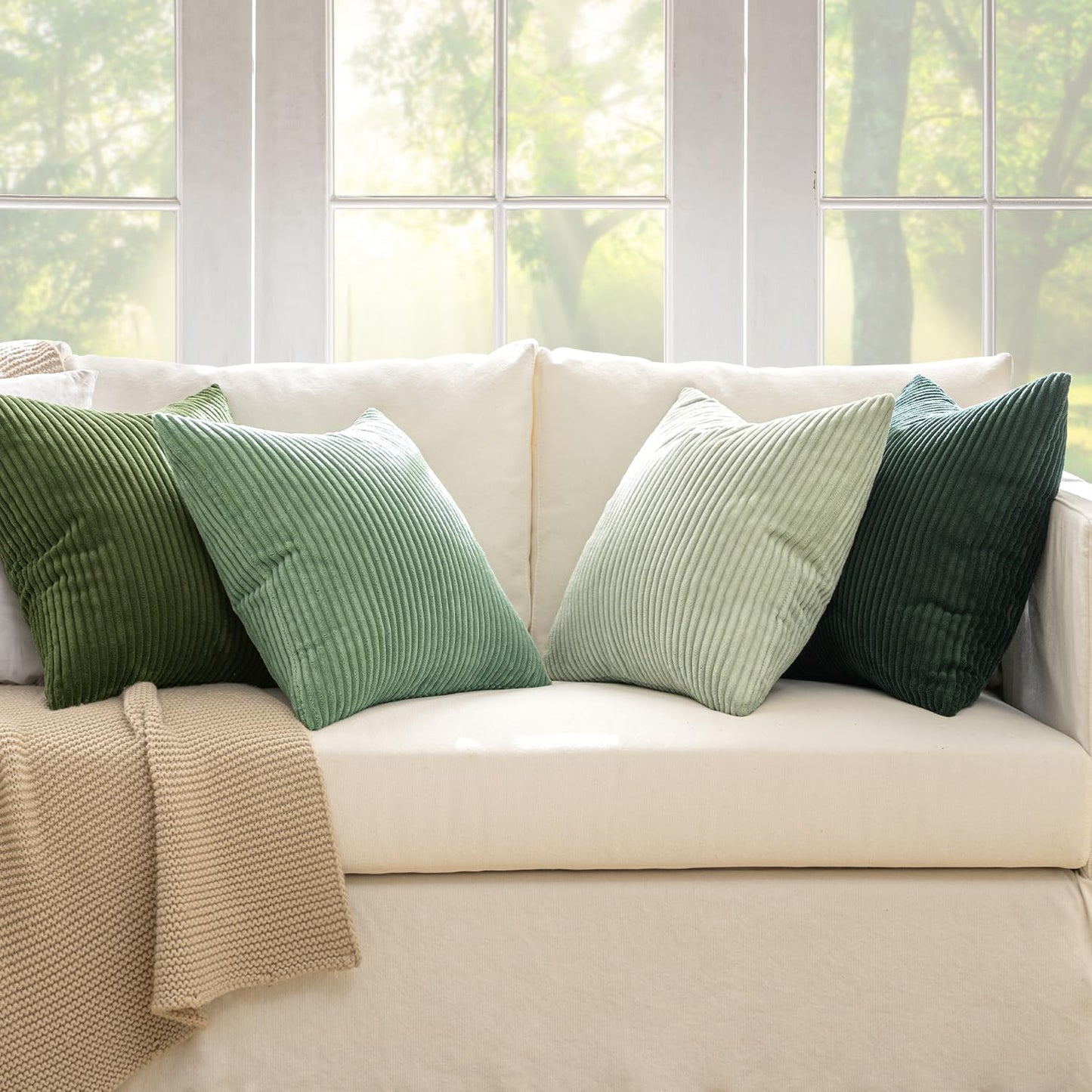 MIULEE Summer Boho Farmhouse Sage Green Throw Pillow Covers 18x18 Inch Set of 4 Mordern Nordic Cushion Covers Soft Corduroy Home Decor for Couch Bed Sofa Living Room Forest Green
