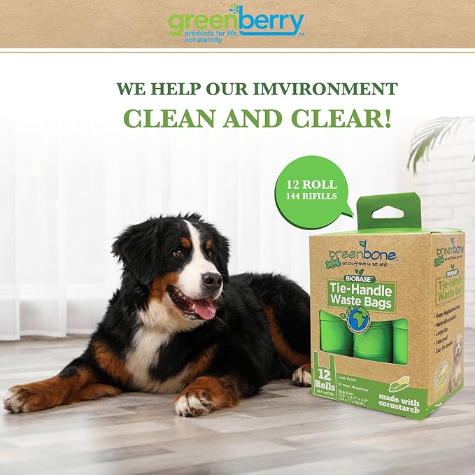 Greenbone BioBase Cat or Dog Poop Bags Rolls with Handle Tie, Large Leak Proof- 12 Rolls -144 refills