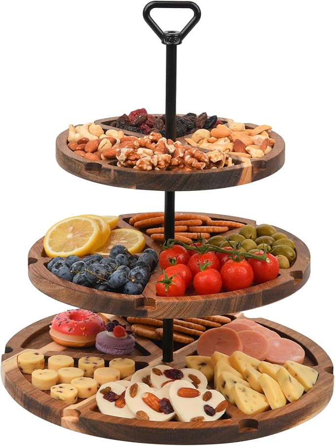 Elegant Charcuterie Boards Three Tiered Acacia Cheese Board and Cupcake Stand with 360° Easy-to-Spin Trays, Perfect for Ga...