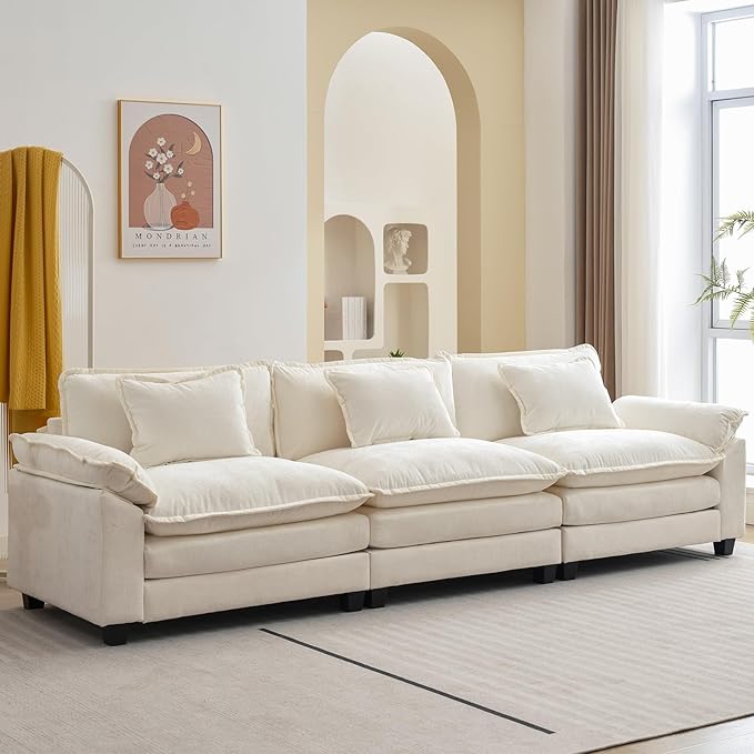 Oprisen 120" Modular Sectional Sofa, Comfy Cloud Couch Sectional Sofa, Chenille Sofa Sleeper Deep Seat Sofa with Throw Pillows for Living Room (Beige White, 120"- 3 Seater)