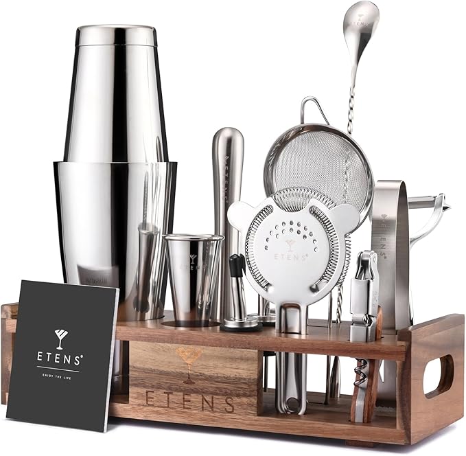 Premium 15-Piece Mixology Bartender Kit – Stainless Steel Cocktail Shaker Set with Wooden Stand | Professional Boston Shak...
