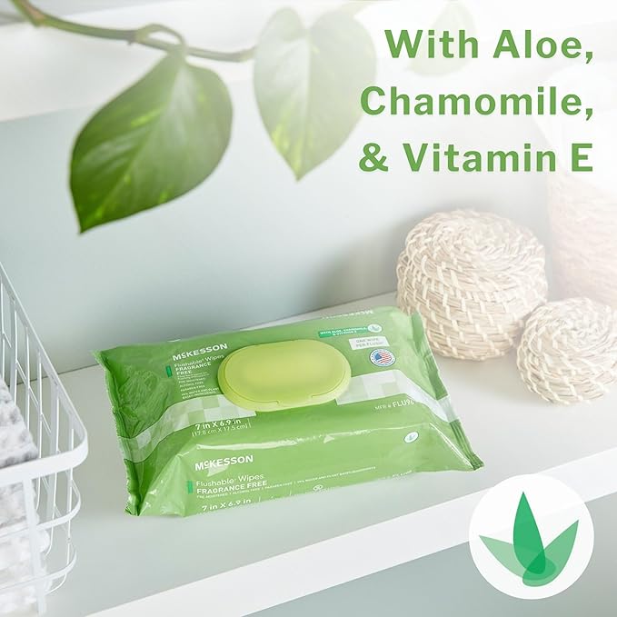McKesson Flushable* Adult Wet Wipes – 288 Wipes (6 Pack of 48) – Aloe & Vitamin E, Plant-Based Cleansing Wipes, Scented
