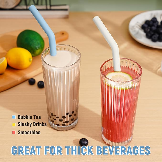 NiHome 6PCS Extra Wide Reusable Bent Silicone Straws for Boba, Smoothies, Bubble Tea, Bent Straws for Thick Drinks, Child-Safe, Customizable Length, 2 Brushes Easy Cleaning (Ocean Colors)