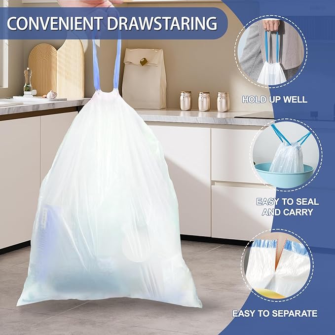 18 Gallon Trash Bags with Drawstring - 120 Count Heavy Duty 1.7 Mil Garbage Bags 68 Liter Tall Kitchen Bin Liners Unscented White for Home Yard Lawn