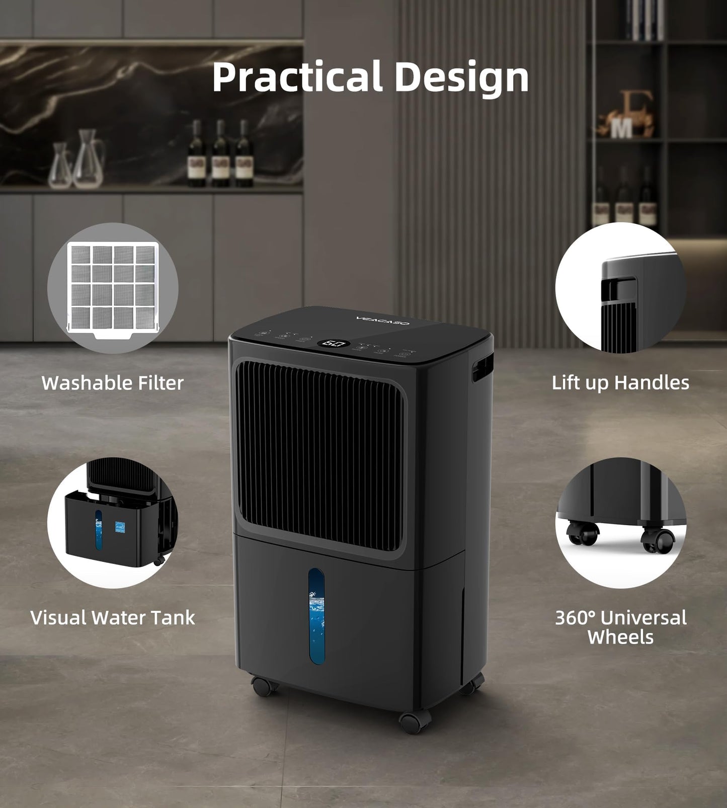 2500 Sq.Ft Dehumidifiers for Home with Drain Hose Max 34 Pints, VEAGASO Dehumidifier for Basement, Bathroom, Bedroom, Three Modes, Intelligent Humidity Control, Dry Clothes, 24HR Timer, BL