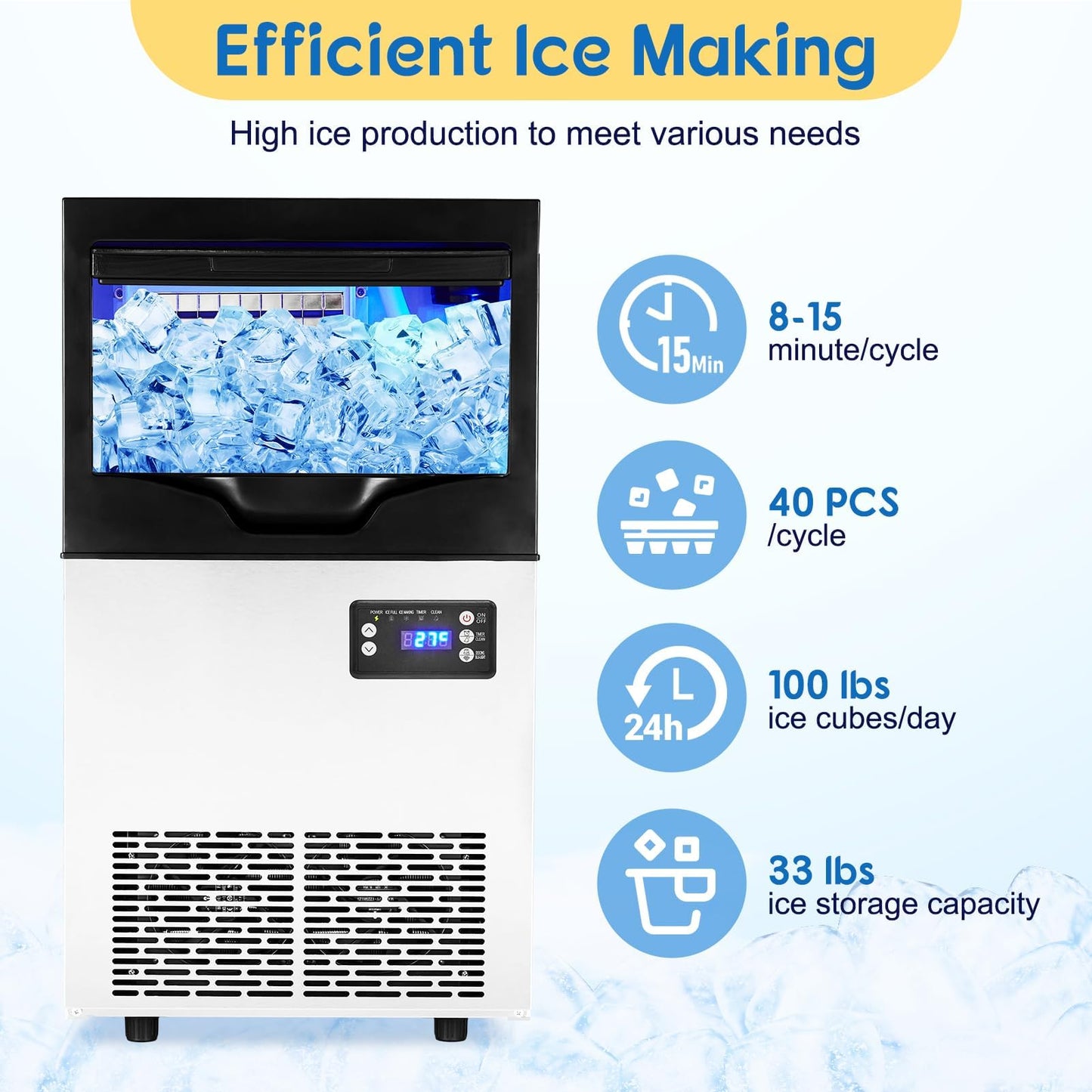 Commercial Ice Maker Machine, 100Lbs/24H with 35Lbs Storage, 40Pcs Clear Ice Cubes in 8-15Mins, Freestanding Stainless Steel Ice Machine for Home, Bar, Party, Office - Fast Ice Making & Easy to Clean