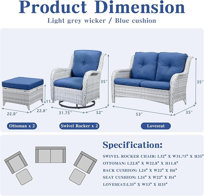 Belord 5 Piece Outdoor Patio Furniture Set - Patio Wicker Furniture Conversation Set, Outdoor Swivel Rocker Chairs with Loveseat Sofa and 2 Ottomans for Small Space, Blue Cushion