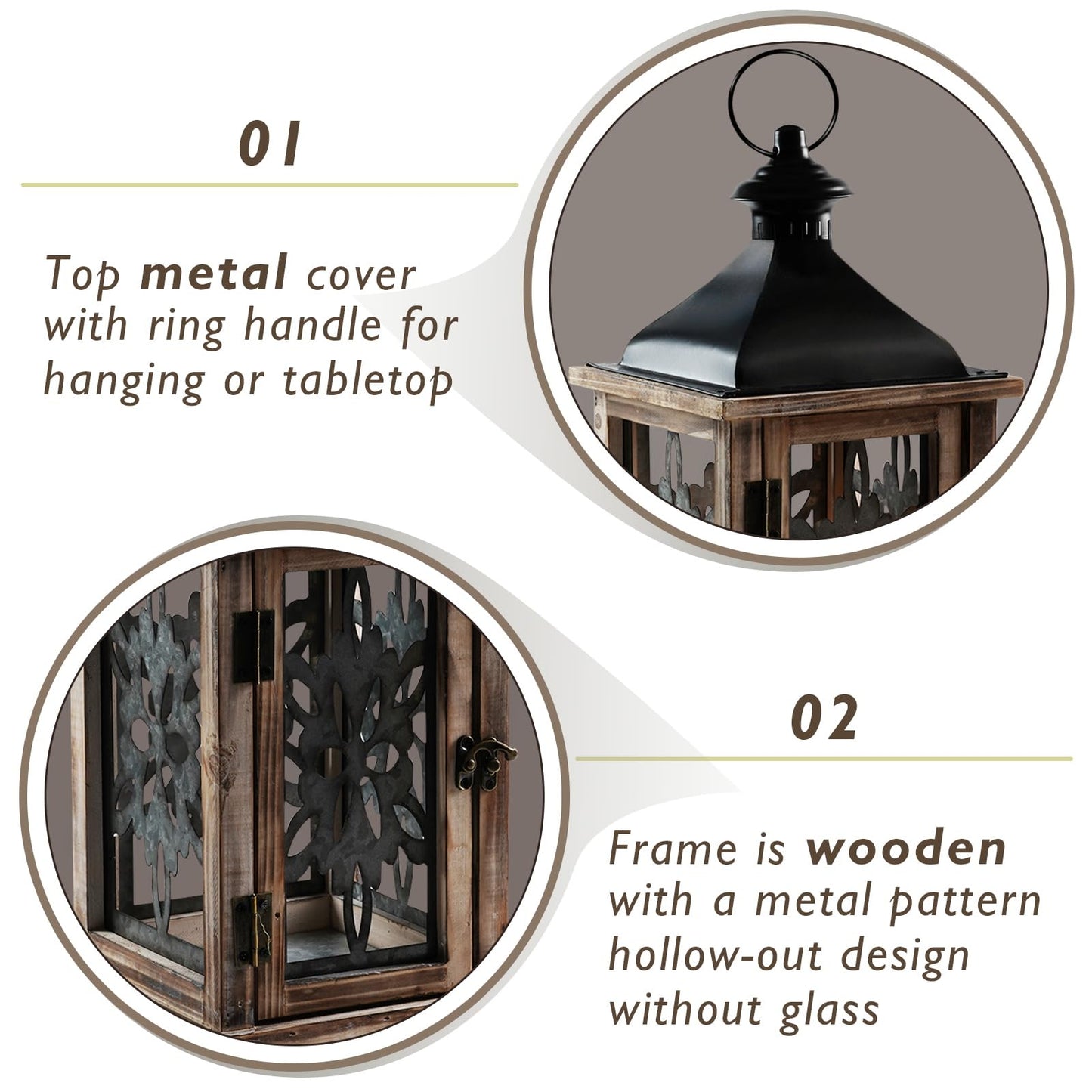Homemory Rustic Christmas Farmhouse Lantern Decor, Wood & Metal 16'' Candle Lantern Hanging Candle Holders for Outdoor Indoor Home Living Room Patio Porch Table (Wood)