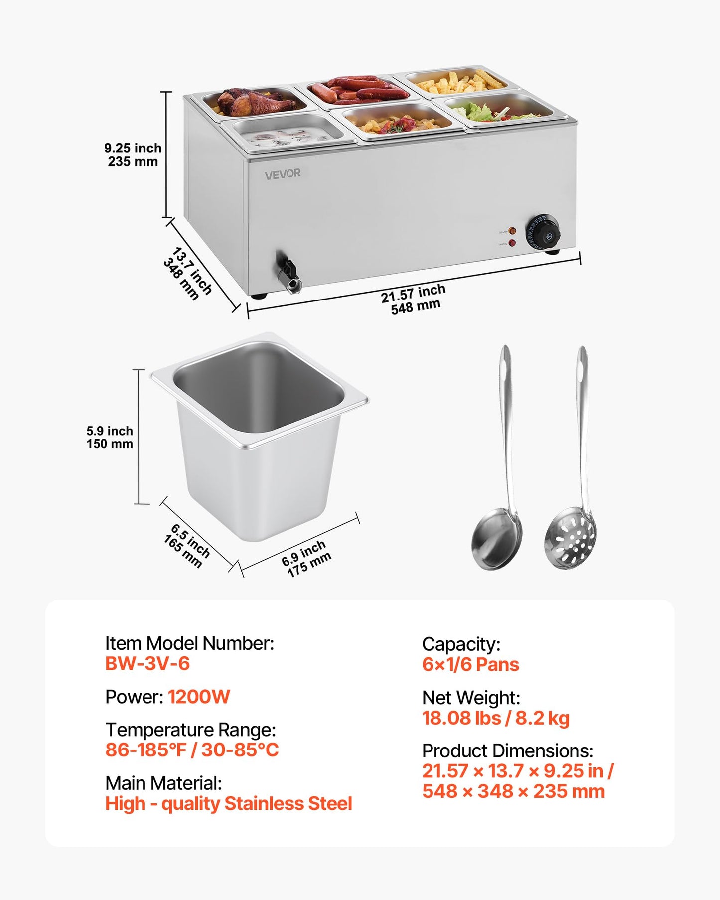 VEVOR 6-Pan Commercial Food Warmer, 24QT Electric Steam Table, 1200W Professional Countertop Stainless Steel Buffet Bain Marie with 86-185°F Temp Control for Catering and Restaurants, Silver