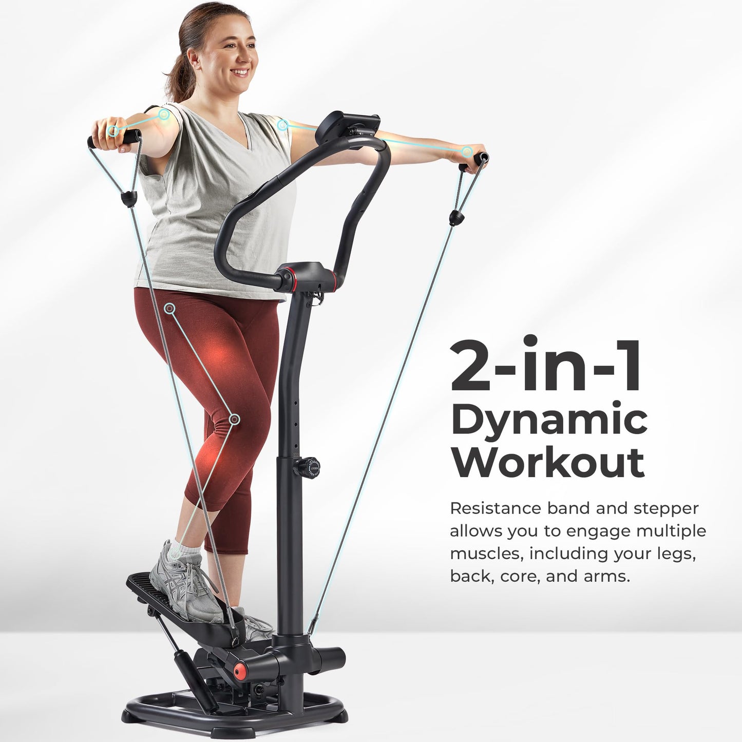 Sunny Health & Fitness 2-in-1 Power Stepper, 400 lb Weight Capacity, with Resistance Bands, Height-Adjustable, Low-Impact Cardio, Space-Saving Design, Bluetooth + SunnyFit App