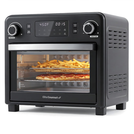 Elite Gourmet EAF9320 23L Air Fryer Toaster Oven, 10-in-1 Digital Convection Countertop Oven, Dual Fan Speeds, Air Fry, Bake, Broil, Toast, Dehydrate, 1600W w/Air Fry Rack, Bake Rack & Pan, Black