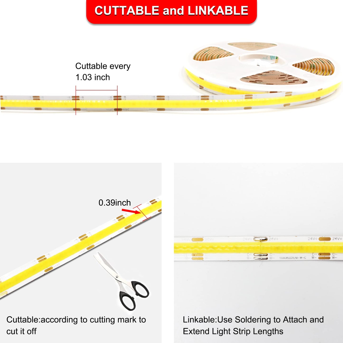 CCT COB LED Strip Lights, 9.8ft Dimmable 2700K-6500K 24V Tunable White LED Light Strip Kit, High Density CRI 90+ LED Strips with Remote Controller and Power Supply, for Bedroom Kitchen Home Lighting