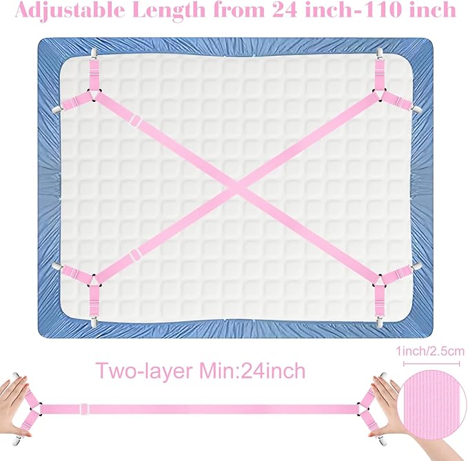 Morcheiong 2 Pack Bed Sheet Fasteners Straps Adjustable Bed Sheet Holder Bands with Sheet Clips for Bedding Stays Bedsheet Tie Downs -Pink