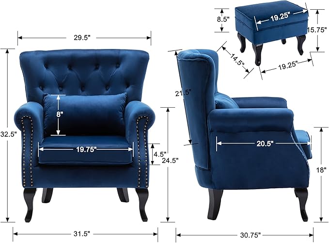 chairus Mid-Century Modern Accent Chairs with Ottoman Set of 2, Comfy Velvet Single Sofa Chair Button Tufted Wingback Armchairs with Pillow for Living Room/Bedroom/Club - Blue