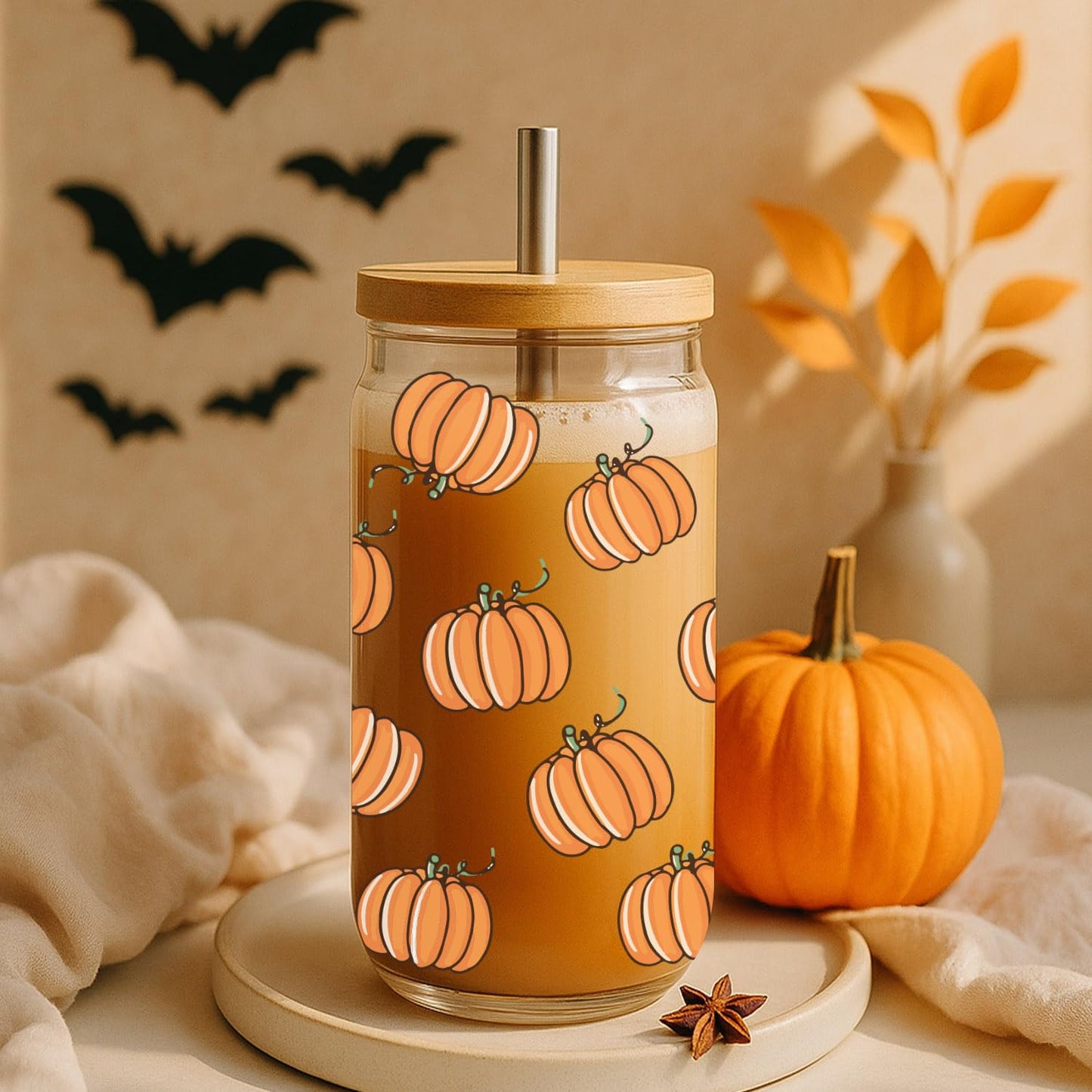 SEWSONG Fall Pumpkin Cup Birthday Gifts for Women Mom Friend Sister,Thanksgiving Glass Tumbler,Pumpkin Mug Glass Cup with Lids and Straws 16oz,Fall Coffee Cups,Halloween Coffee Tumbler
