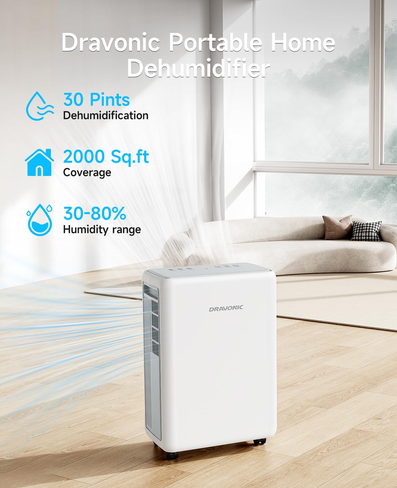 Dravonic 30 Pints Dehumidifier for Basement, 2000 Sq.Ft Dehumidifiers for Home with 3.3ft Continuous Drain Hose, 3 Modes Dehumidifier for Bathroom, Real-Time Humidity Display & Smart Control