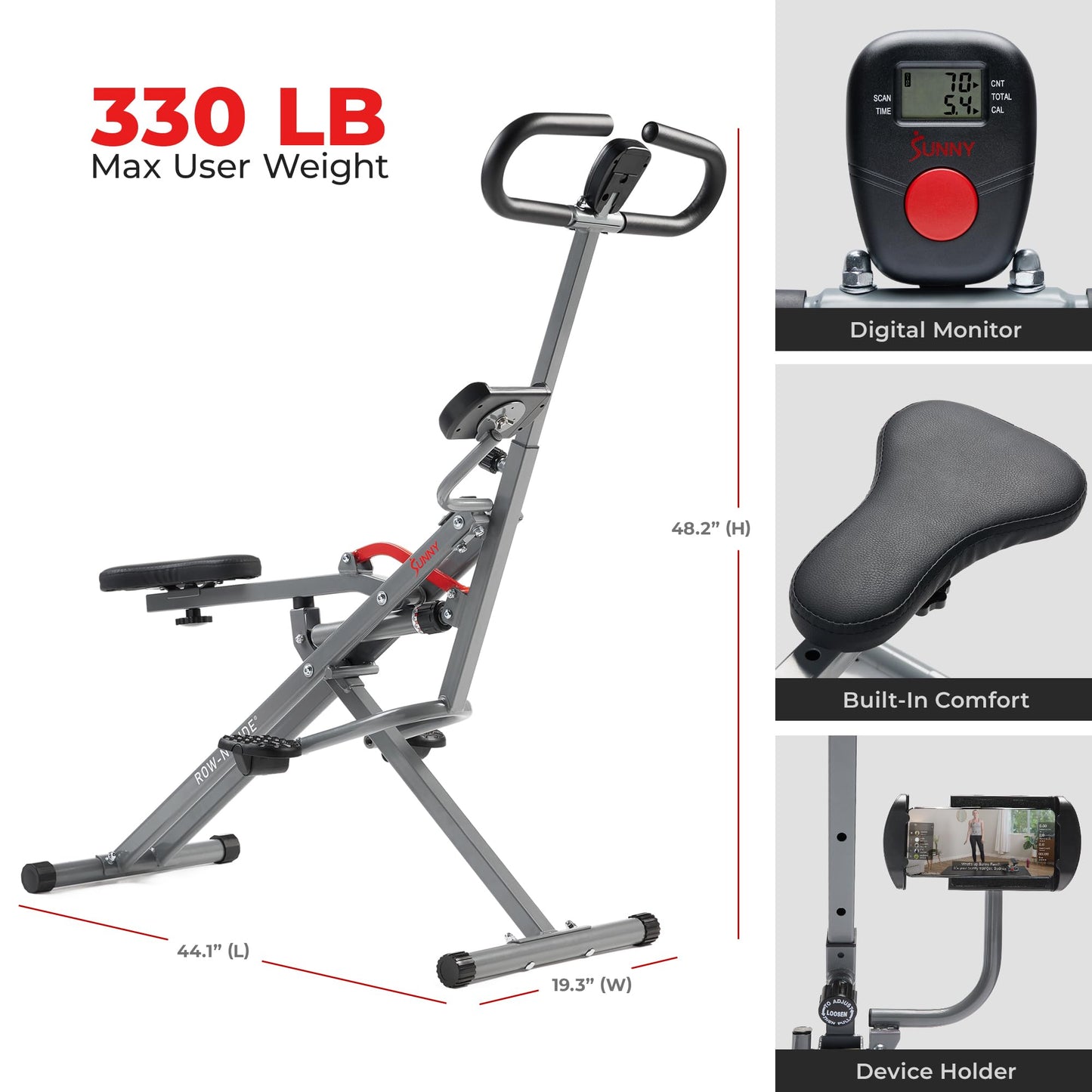 Sunny Health & Fitness Row-N-Ride Pro-Smart Squat Assist Trainer Full Body Fitness Machine, Easy Setup Rower, Glute & Leg Cardio Workout, Included SunnyFit App Connection - SF-A023053