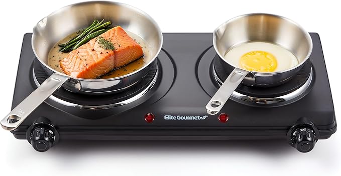 Elite Gourmet EDB-302BF# Countertop Double Cast Iron Burner, 1500 Watts Electric Hot Plate, Temperature Controls, Power In...