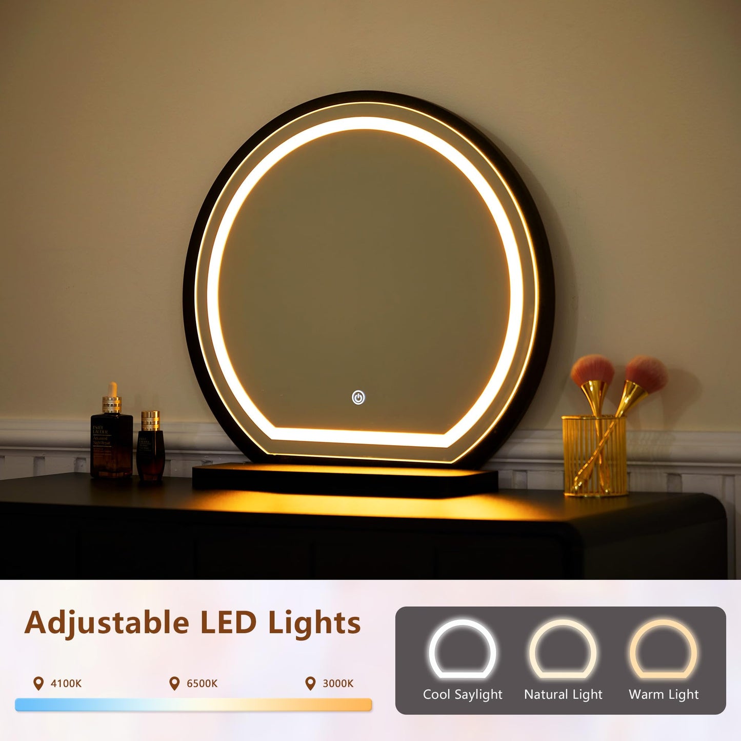 ORRD Vanity Desk with Mirror and Lights, Modern Wood Wave Panel Vanity Desk Set Makeup Table with Drawers and Cabinet, Dressing Table with Storage for Bedroom, Black