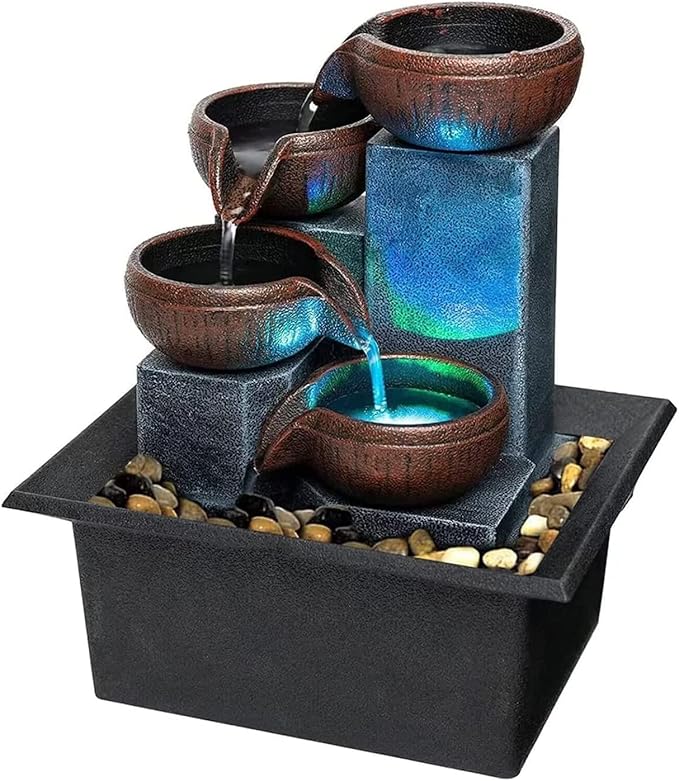 Small Indoor Relaxation Tabletop Fountain, Zen Meditation Waterfall Feature with Color LED Light & Natural Rocks, 4 Level ...