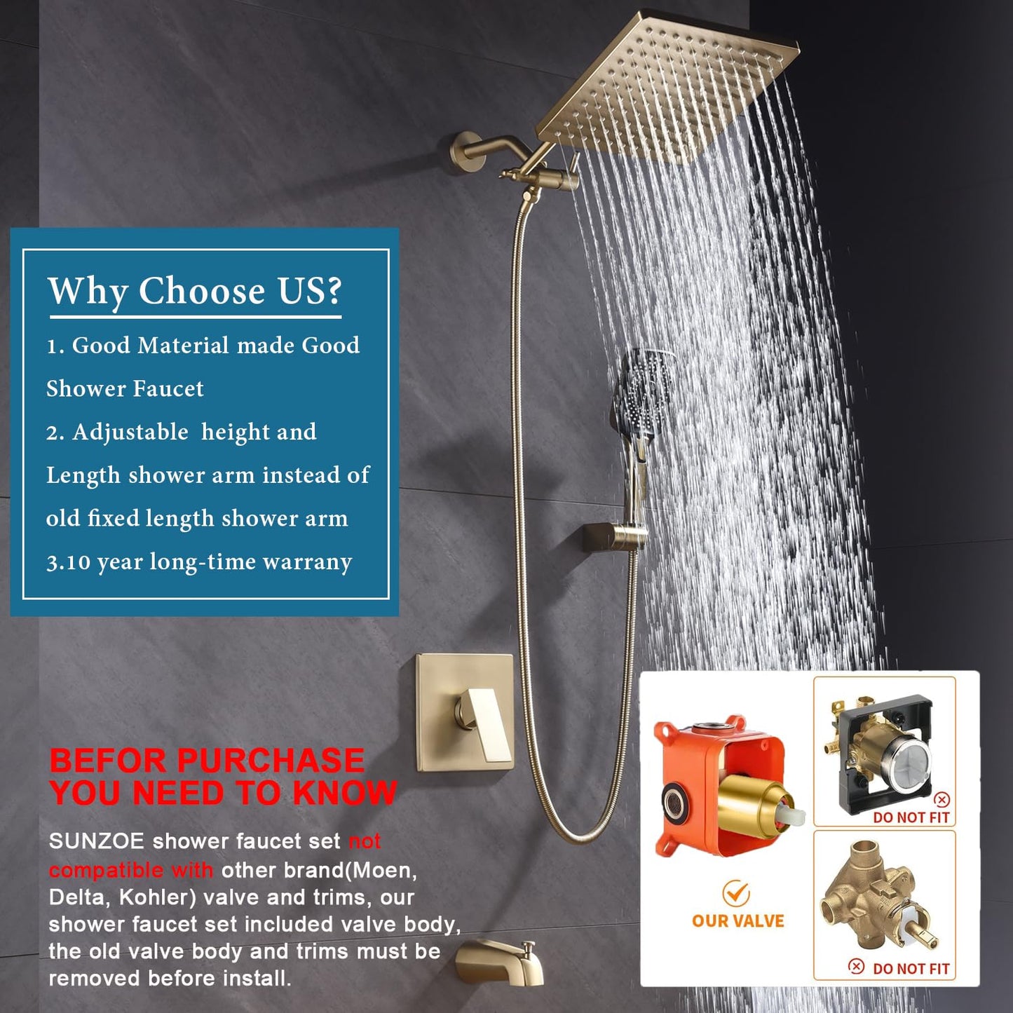 SUNZOE Shower Faucet Set with Tub Spout Brushed Gold 10 Inch Rainfall Shower 4 Setting Spray Mixer Shower System Modern Luxury Wall Mounted Tub Shower Faucet Set Rough-in Valve Body (Brushed Gold)