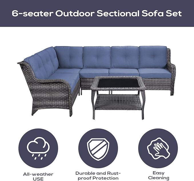 Belord Outdoor Furniture Sectional Sofa L Shaped Couch - Patio Wicker Furniture Set with Coffee Table, 3 Piece Rattan Patio Conversation Sets with Blue Cushion for Deck Backyard Sunroom