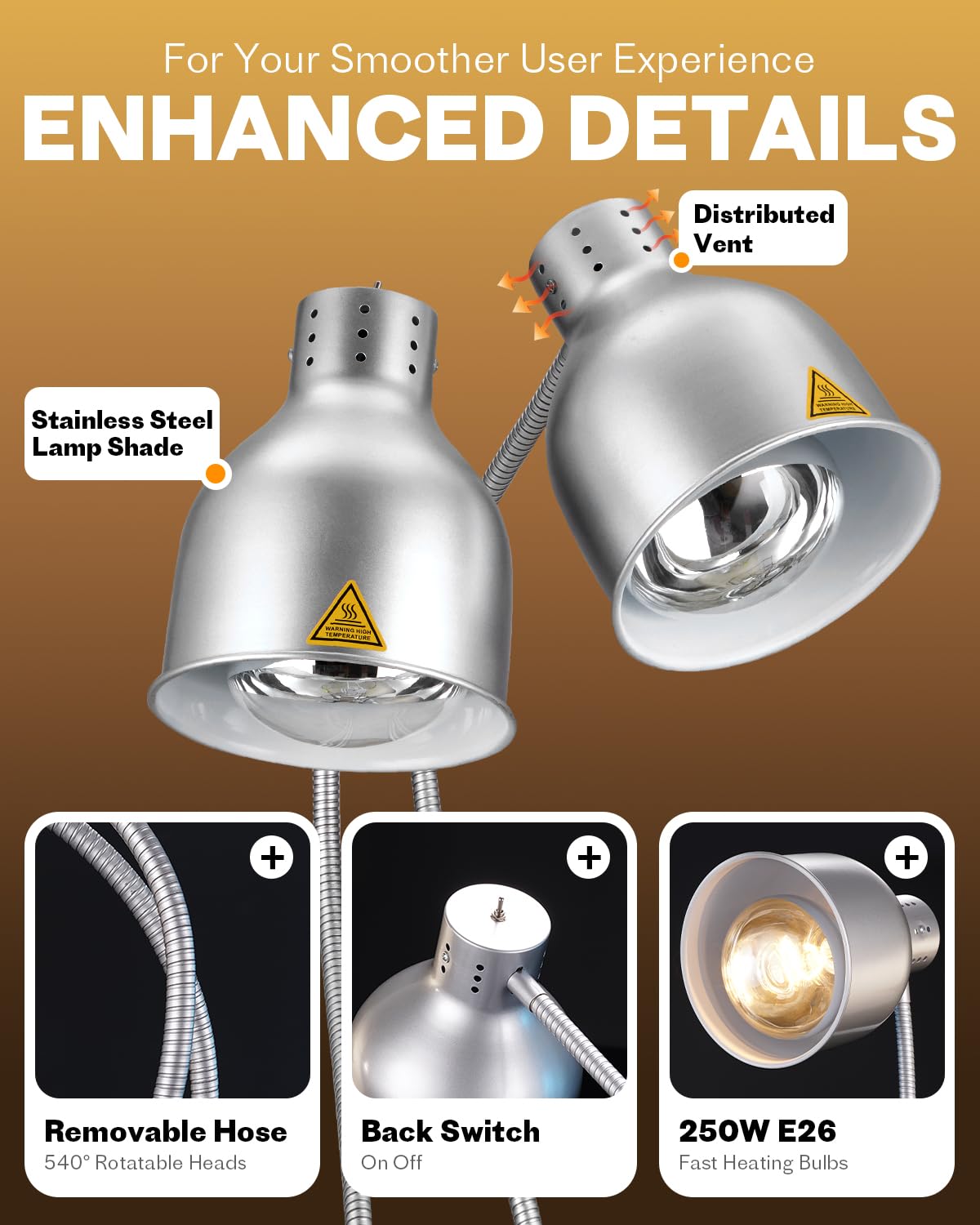 Food Heat Lamp: [Rapid-Heating Bulbs Included] [Steady Heating] Commercial Food Warmer Lamp, Electric Heat Lamp for Food Catering Food Warming Lamp for Buffet Parties (Painted Silver, 32" (2-Head))
