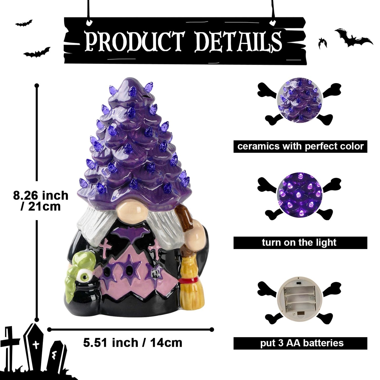AlevaHive Ceramic Gnome Halloween Decorations - Witches Gnome Ceramic Tree Lighted - Black Decor Bedroom Indoor, Halloween Centerpieces for Table Decor